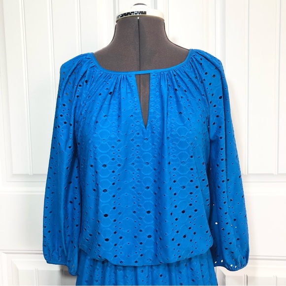 London Times 3/4 Sleeve Jersey Front Keyhole Blue Perforated Line Dress 6 - Picture 2 of 11